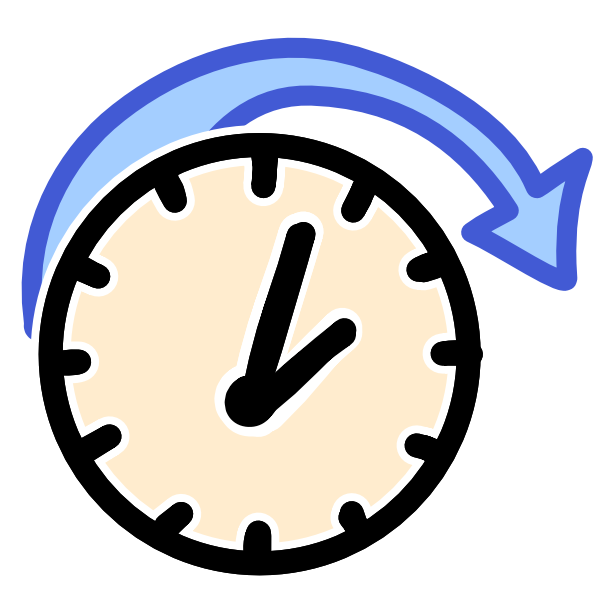 a clock with a blue arrow curving from it, arcs to the right with the edge of the clock for a few ticks. 